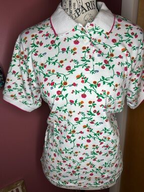 White and Red Floral Button-Down Polo with Pink Trim